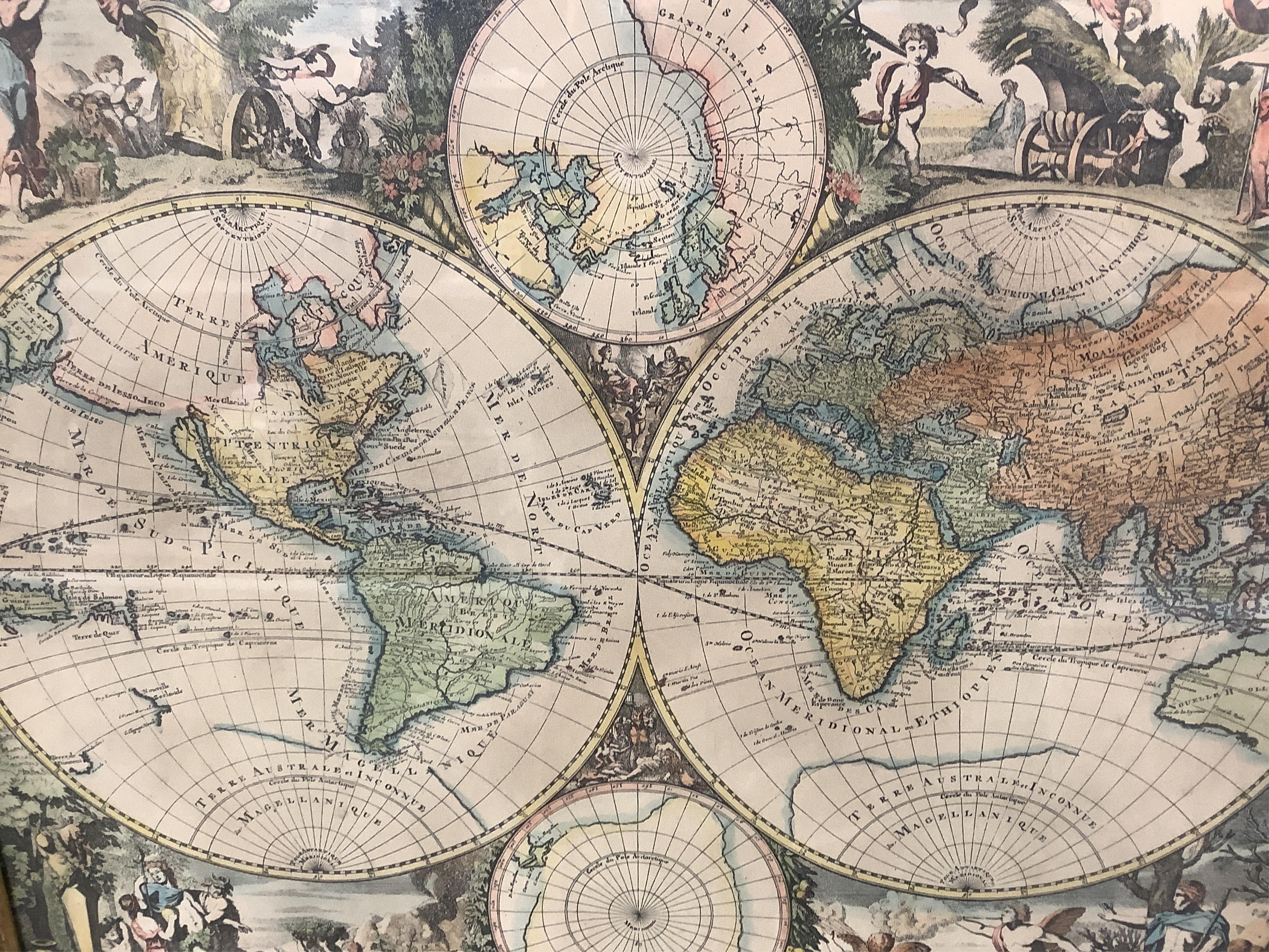 Two decorative maps comprising, after Matthew Seutter, double hemisphere world map and a similar example after G. Valk, 44 x 51cm. Condition - good